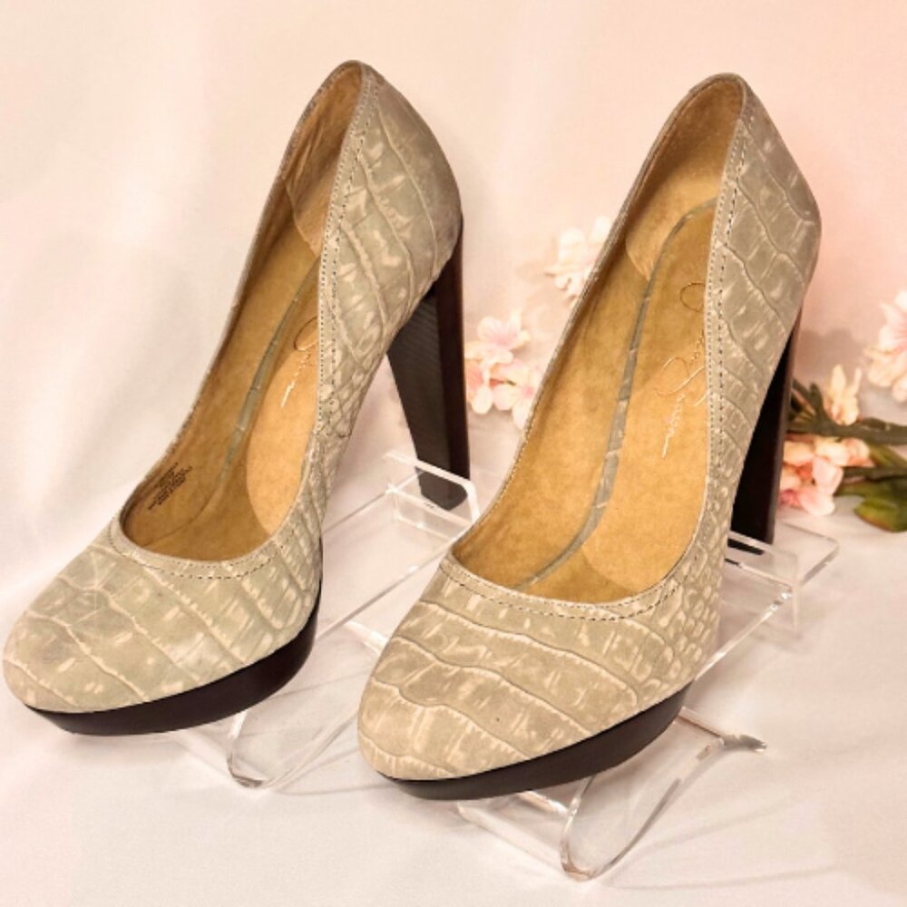 Jessica Simpson, Chunky, Gray, Nubuck Leather Pumps